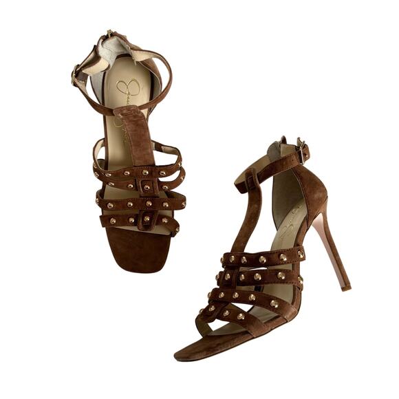 Jessica Simpson Shoes - Jessica Simpson Oprina Brown Suede Studded Caged Ankle Dress Sandals Size 10